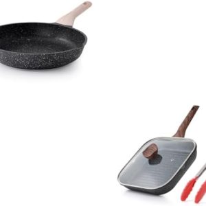 Kordisen Nonstick Grilling Pan for Indoor Cooking - 9.5 Inch Square Grill Skillet with Granite Coating, Pour Spouts, Ver