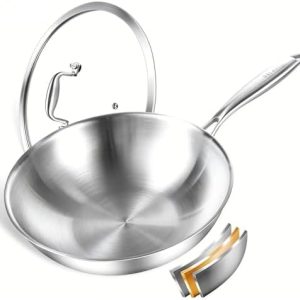 DELARLO Tri-Ply Stainless Steel Wok - 12 Inch Non-Toxic Stir-Fry Pan with Lid, Induction Compatible, Dishwasher & Oven S