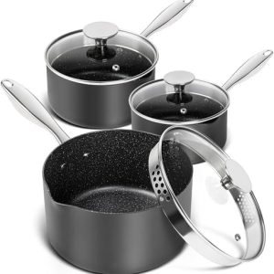 MICHELANGELO Hard Anodized Nonstick Saucepan Set - 1.5QT, 2QT, 3QT Induction Cookware with Pour Spouts & Strainer Lid fo
